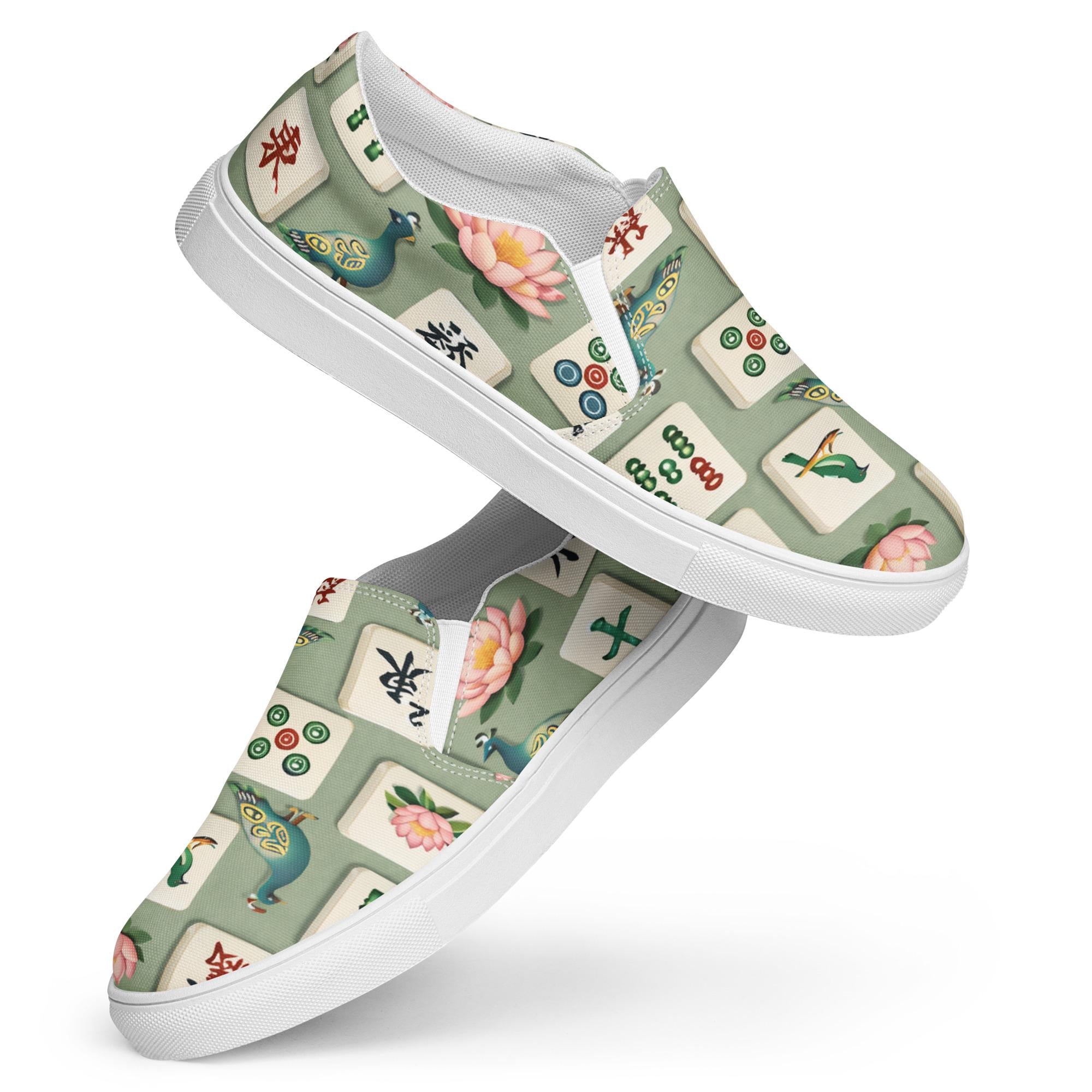 Mahjong Tile, Lotus, & Peacock slip on gym shoes